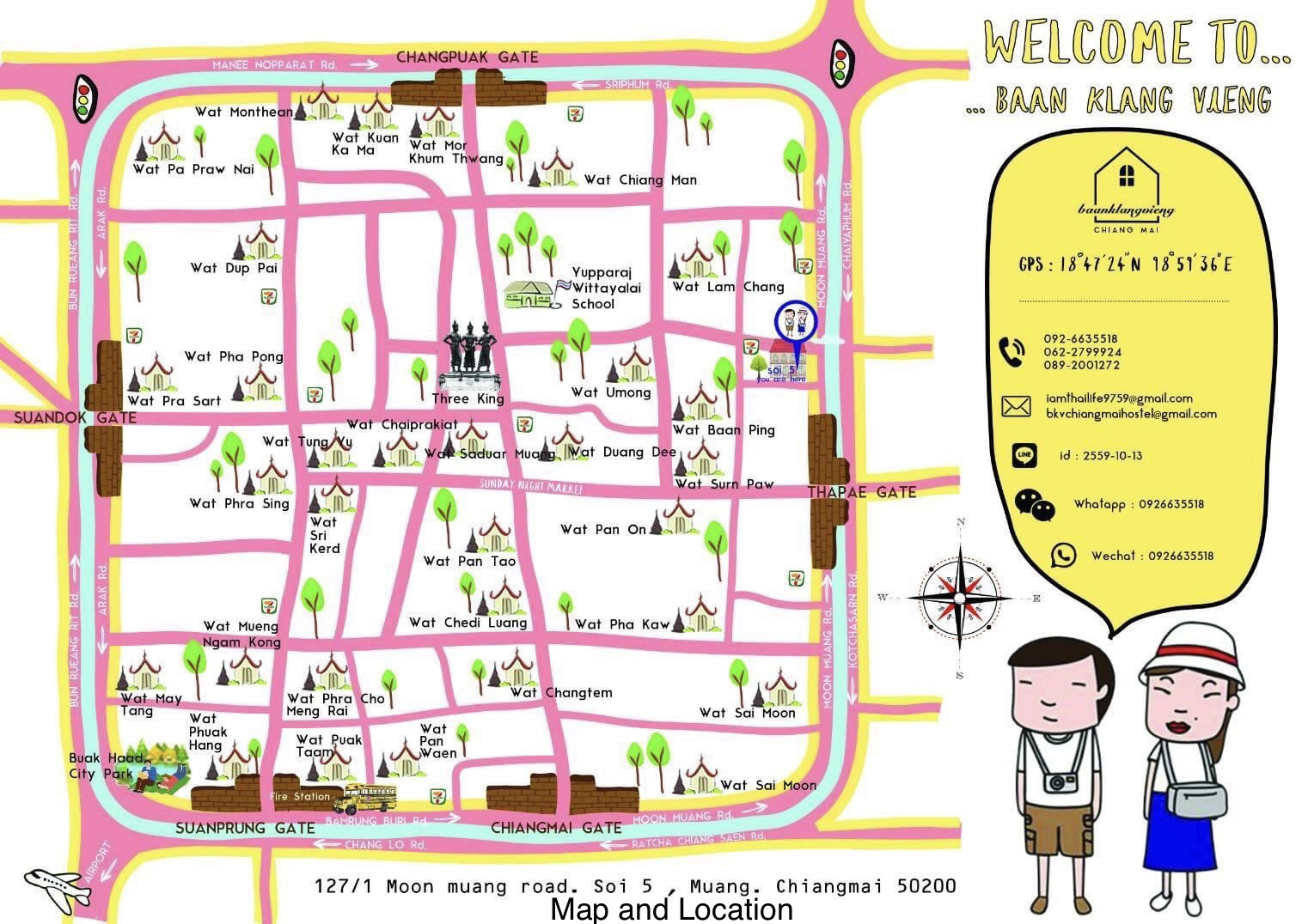 Illustrated map of Chiang Mai old town showing Baan Klang Vieng location near Thapae Gate, Soi 5 Moon Muang Road